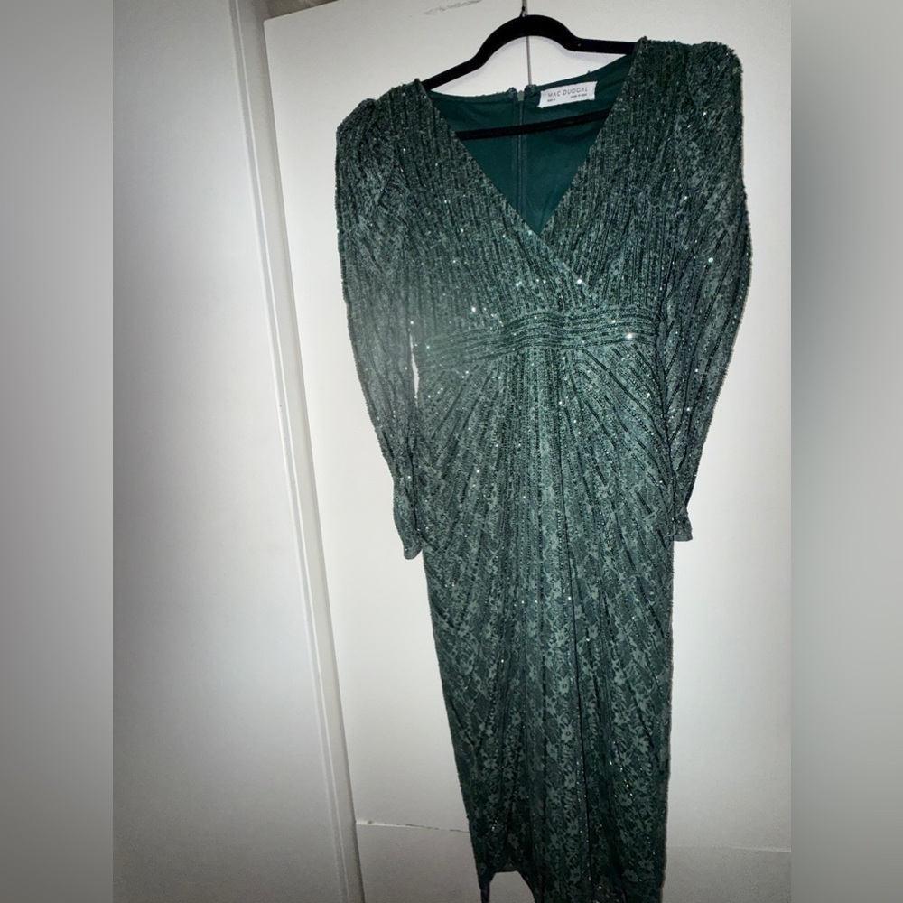 NWT | Mac Duggal 93676 Deep Green Beaded Lace Long Sleeve Midi Dress Size 6 - Picture 10 of 14